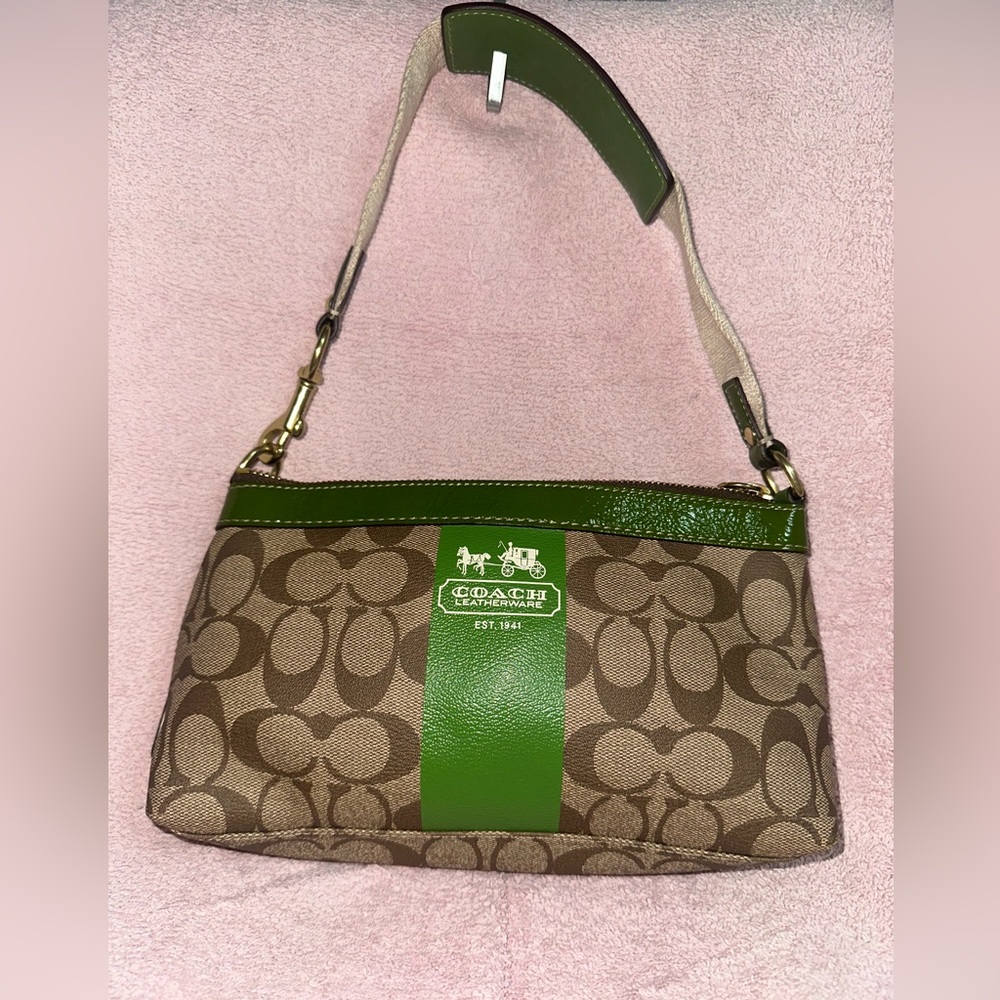 Coach Signature Canvas Shoulder Bag with Green Trim - Picture 3 of 5